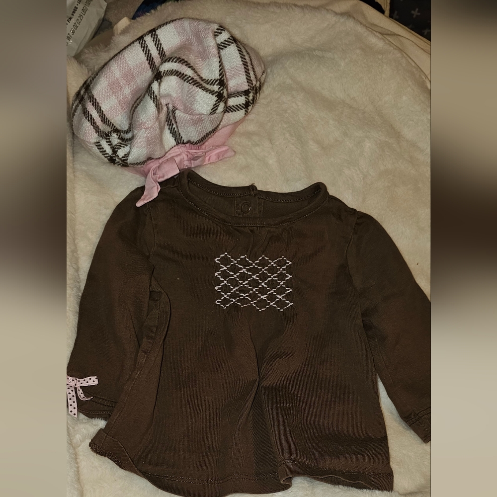 Janie and Jack baby girl Brown top w/ pink/ brown flat cap 6/12mos - Picture 2 of 8